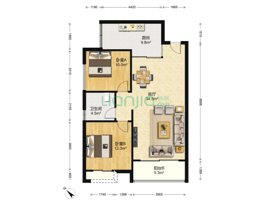中天会展城B区金融商务区 2室1厅1卫 90平方