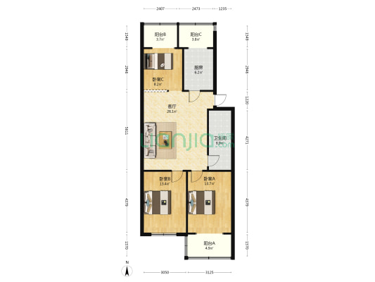 云居公寓 3室1厅1卫 105平方
