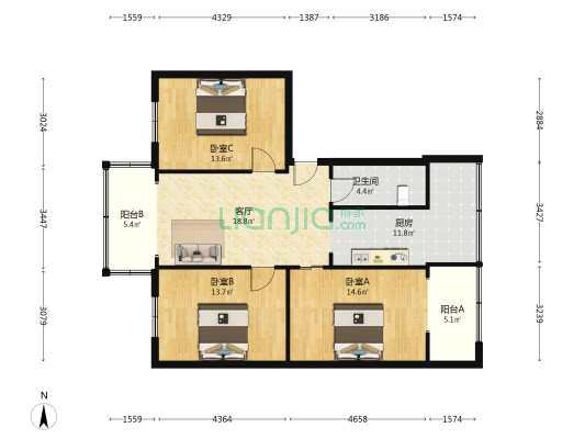 横四道街3号 3室1厅1卫 92平方