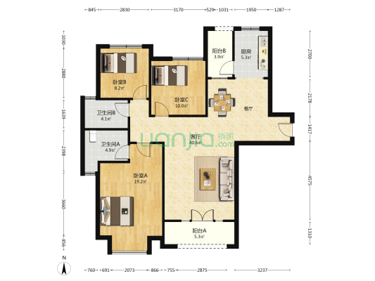 民航国际馨苑 3室1厅2卫 129平方