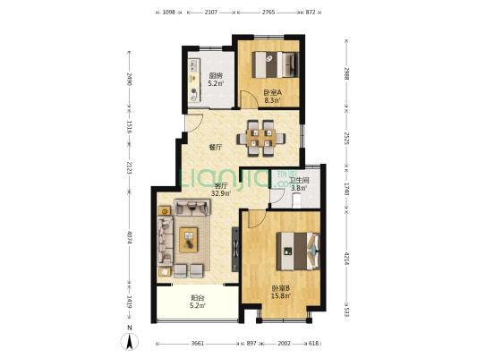 银洲紫薇苑 2室1厅1卫 87平方