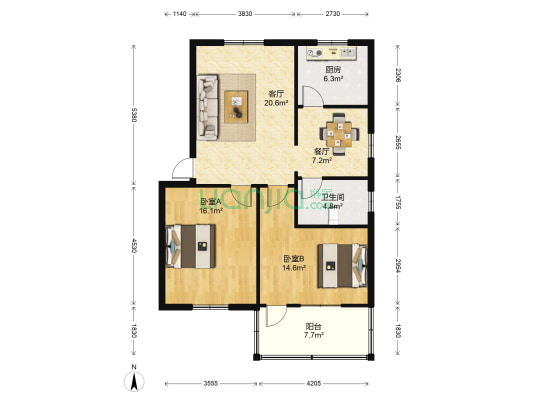 寇家巷小区 2室2厅1卫 90平方