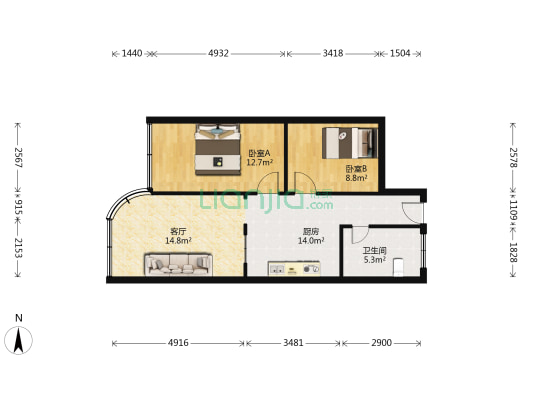 富水北路62号 2室1厅1卫 75平方