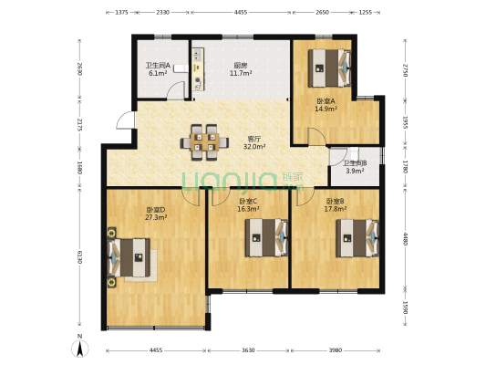 金江花苑 4室1厅2卫 144平方