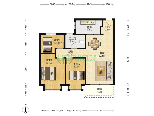 恒大悦珑湾一期 3室1厅1卫 100平方