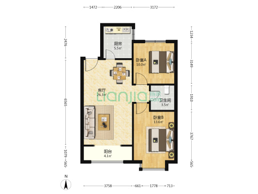 五福郡 2室1厅1卫 96平方