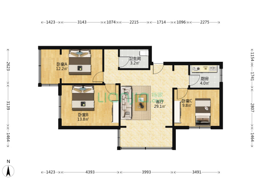 石人竹苑 3室1厅1卫 88平方