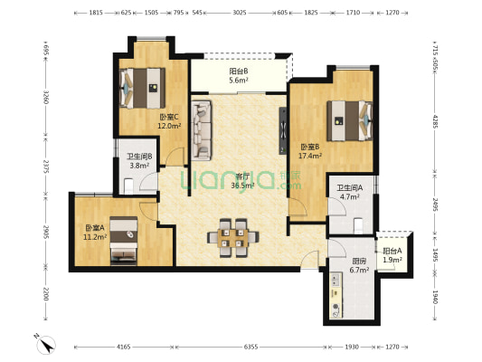俊发城 3室1厅2卫 121平方