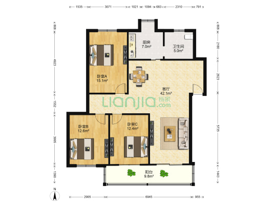 文教路122号 3室1厅1卫 119平方