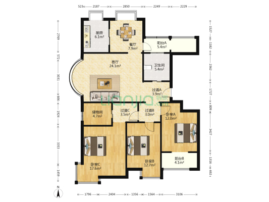 天伦小区 3室2厅1卫 141平方