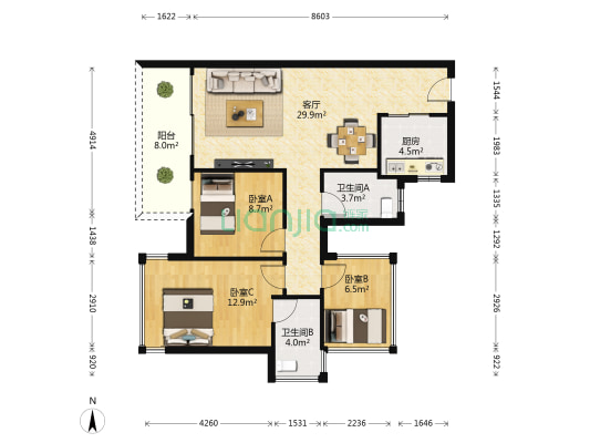 龙光玖誉湖澜湖 3室1厅2卫 90平方