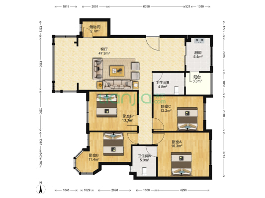 书香别院 4室1厅2卫 142平方