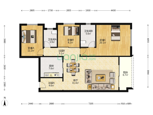 倚湖雅居 3室1厅2卫 126平方