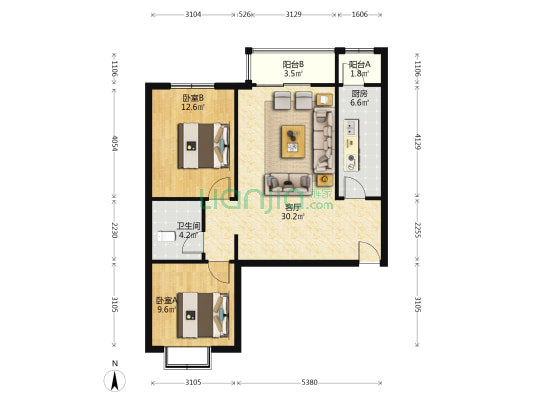 南北通透两居，带装修，好楼层，方便看房-户型图