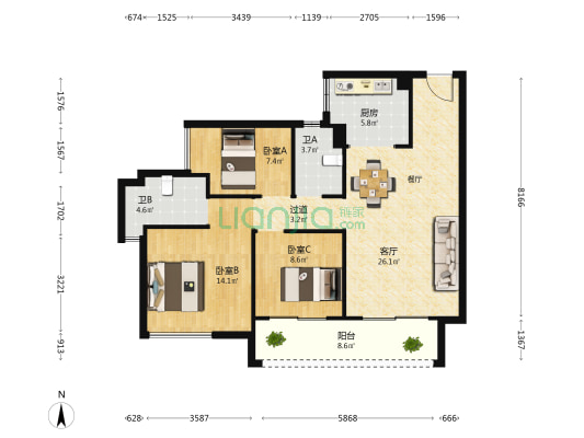 佳诚优格领英 3室1厅2卫 102平方