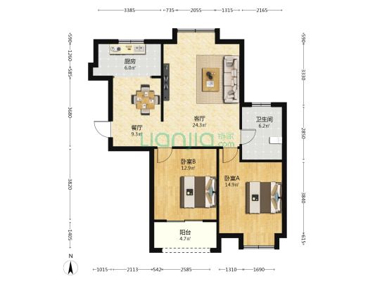 垠杏西苑 2室2厅1卫 103平方