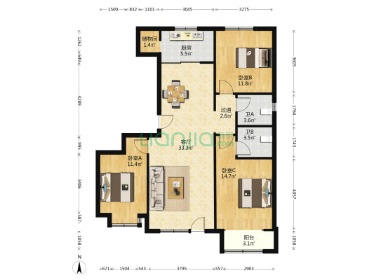 朗诗·未来街区 3室1厅2卫 131平方