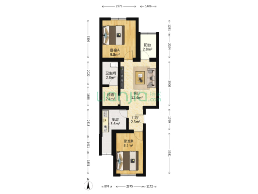 果园233号院 2室1厅1卫 68平方