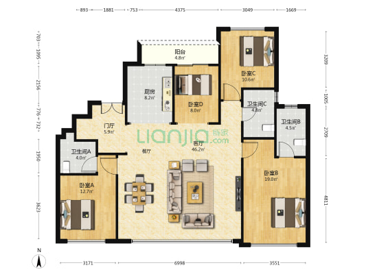 全运村荷风苑 4室1厅3卫 175平方