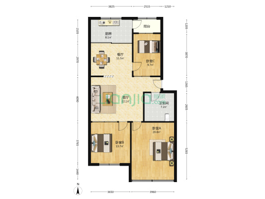富门小区 3室2厅1卫 117平方