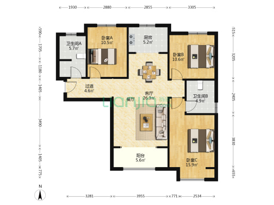 山顶御景园 3室1厅2卫 127平方