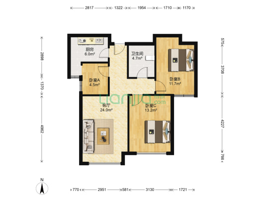 鸿坤理想湾北区 3室1厅 南-户型图