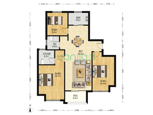 东方绿洲 3室1厅2卫 123平方