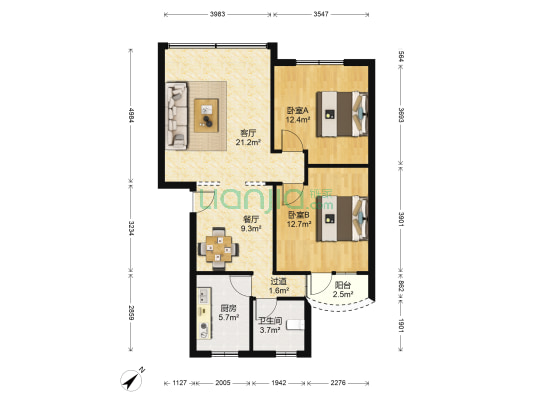 海棠金宇 2室2厅1卫 84平方