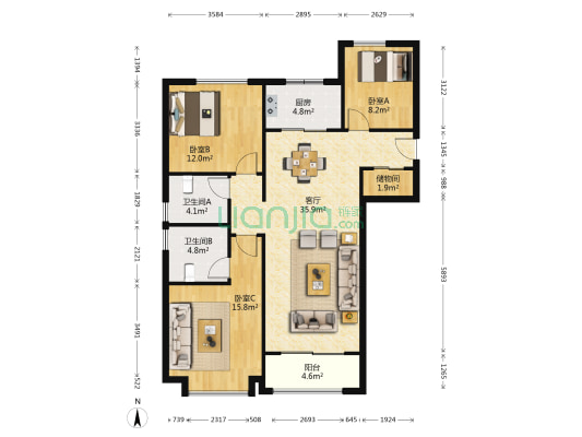 融创天朗南长安街壹号三期 3室1厅2卫 124平方