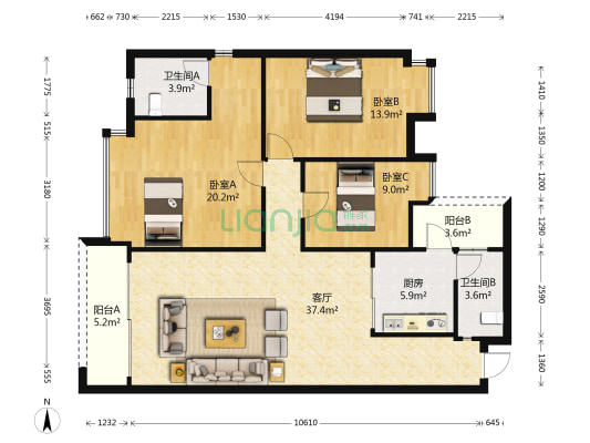 鸿翔商住区 3室1厅2卫 106平方