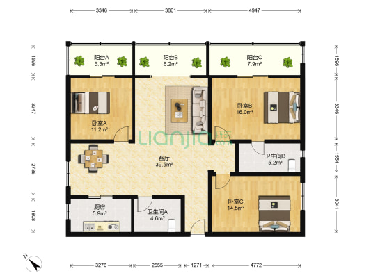 同顺公寓 3室1厅2卫 132平方