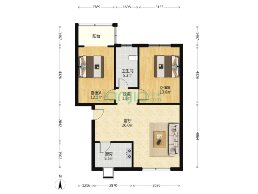 东湖宾馆宿舍 2室1厅1卫 84平方
