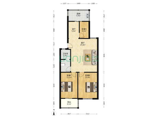 百草园 3室2厅1卫 96平方
