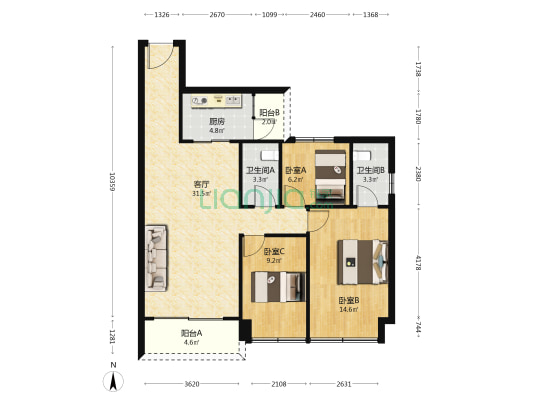 水岸鸣轩 3室1厅2卫 102平方
