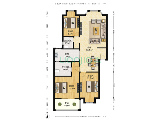 通祥苑 3室1厅2卫 106平方