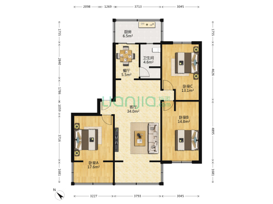 蜀汉东街7号附1号 3室2厅1卫 114平方