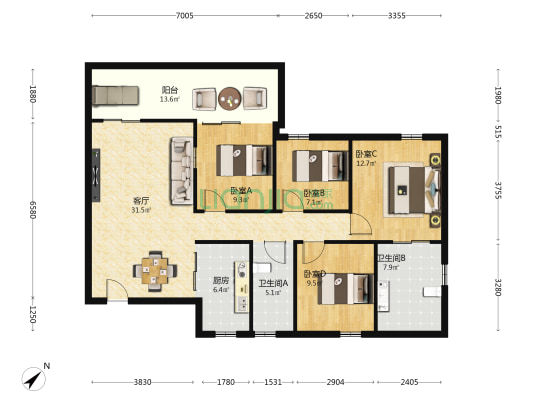 中粮三亚铂悦中心 4室1厅2卫 130平方