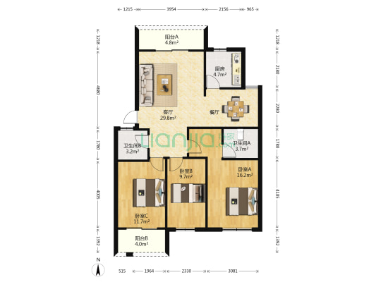 龙津苑 3室1厅2卫 100平方