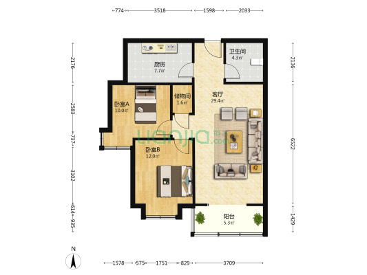 钢建小区 2室1厅1卫 91平方