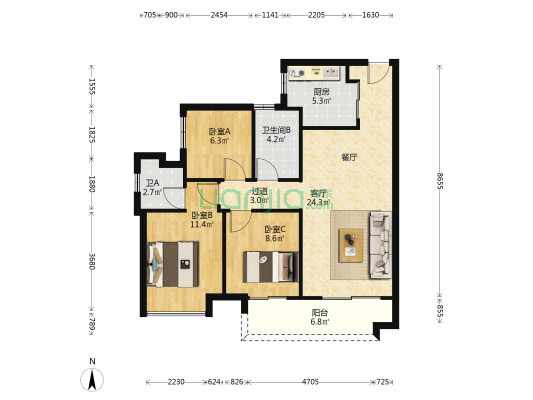 泰禾金尊府 3室1厅2卫 92平方