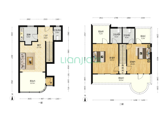 世外桃源 2室1厅3卫 121平方