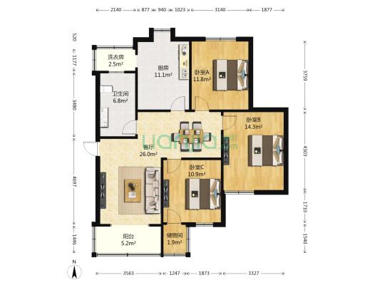 新世纪社区 3室1厅1卫 110平方