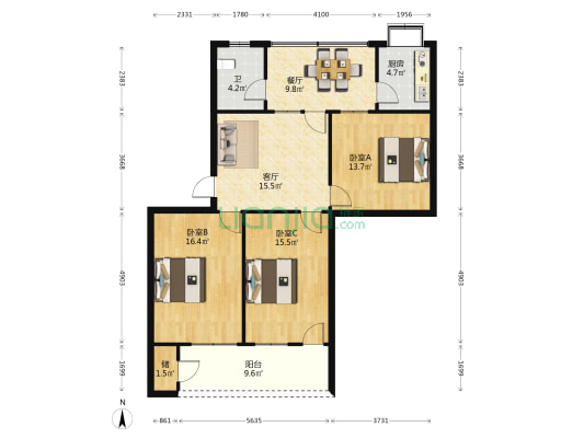 吴都新苑 3室2厅1卫 107平方