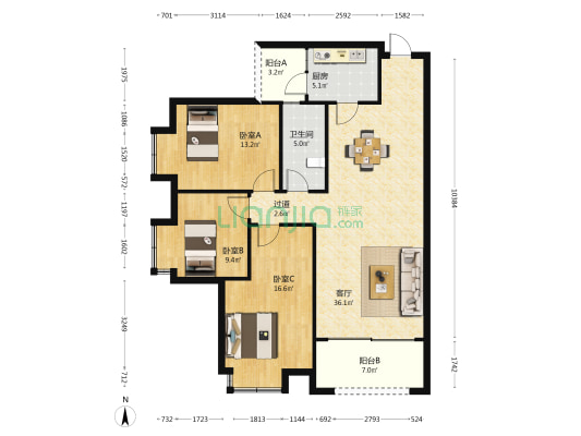 置悦城贵安馨苑锦馨苑 3室1厅1卫 118平方