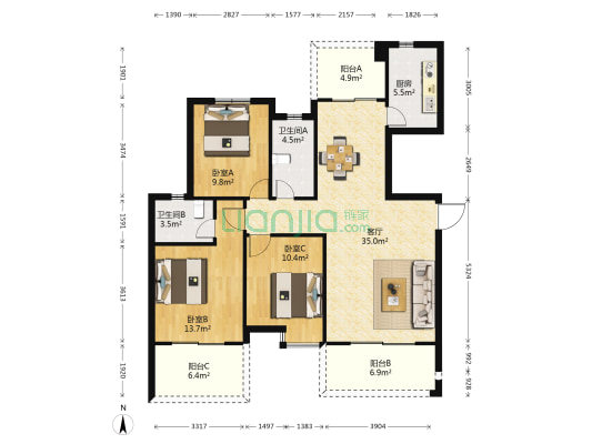 银滩万泉城2区 3室1厅2卫 120平方