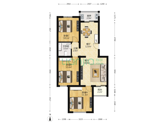 龙庆望都佳园 3室2厅1卫 92平方