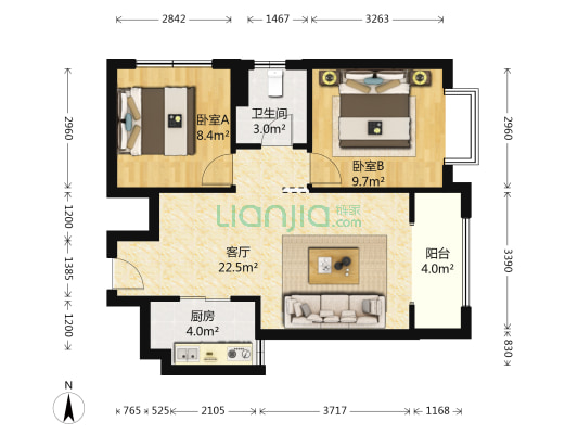 太奥广场住宅北区 2室1厅1卫 70平方