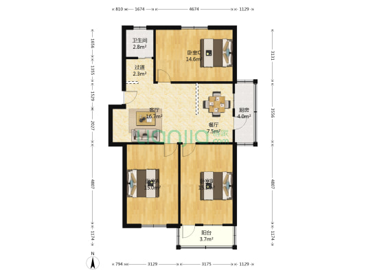 三牌楼小区西柏果园 3室2厅1卫 91平方