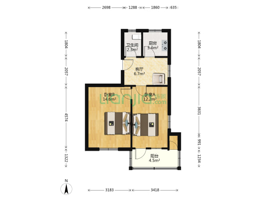 浦园村小区 2室1厅1卫 54平方