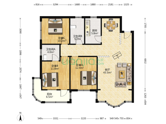 海棠园 3室1厅2卫 118平方